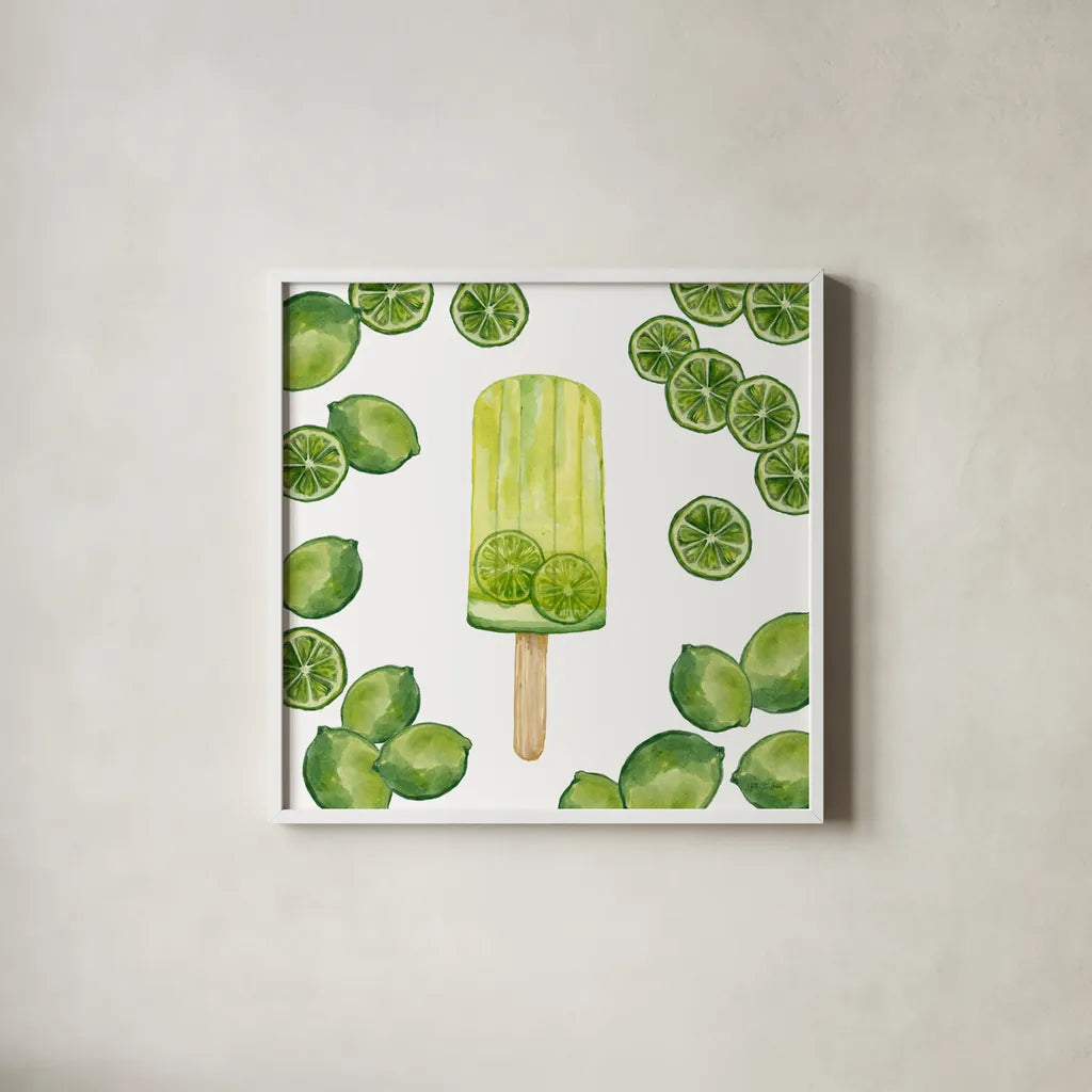 Fruity Popsicles VIII by Yvette St. Amant. Shown in a crisp white glass frame for a clean and minimalist style. Available as an archival giclee rolled canvas, fine art paper, or poster print. SKU 93515a.
