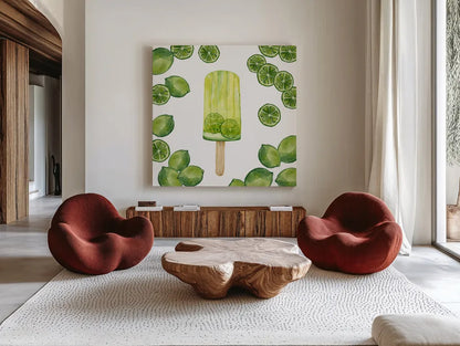 Fruity Popsicles VIII by Yvette St. Amant. Shown as extra-large giant wall art in a modern living room. Available as an archival giclee rolled canvas, fine art paper, or poster print. SKU 93515a.