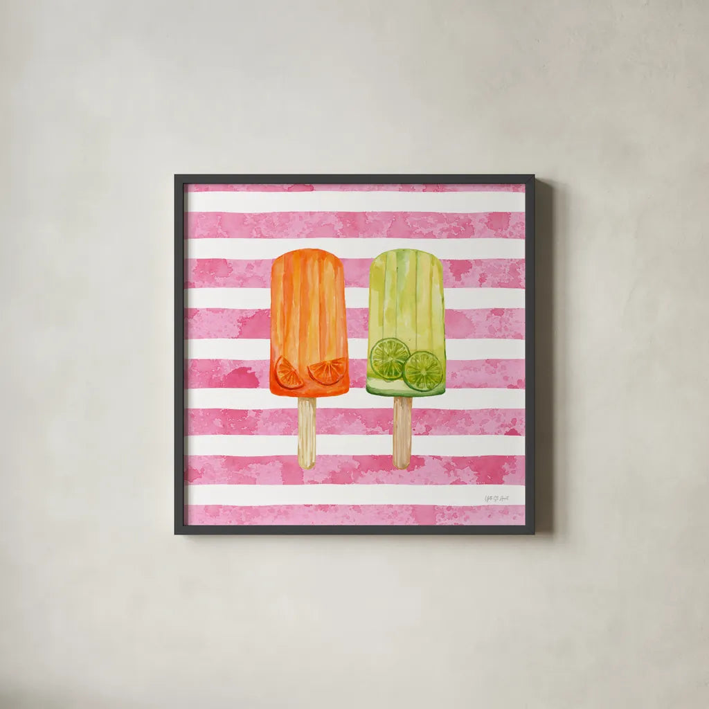 Fruity Popsicles X by Yvette St. Amant. Shown in a sleek black glass frame for a contemporary gallery look. Available as an archival giclee rolled canvas, fine art paper, or poster print. SKU 93517a.