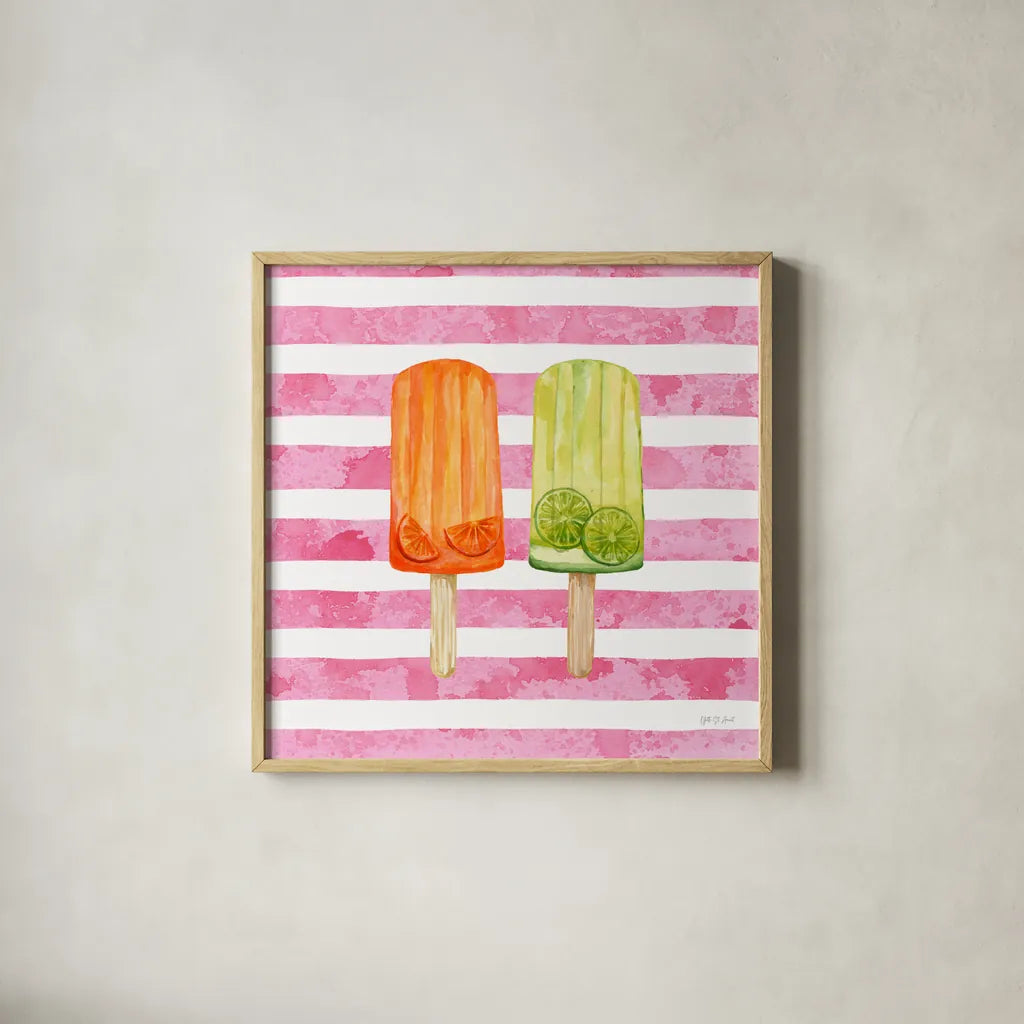 Fruity Popsicles X by Yvette St. Amant. Shown in a natural wood glass frame for a timeless modern aesthetic. Available as an archival giclee rolled canvas, fine art paper, or poster print. SKU 93517a.