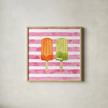 Fruity Popsicles X by Yvette St. Amant. Shown in a natural wood glass frame for a timeless modern aesthetic. Available as an archival giclee rolled canvas, fine art paper, or poster print. SKU 93517a.