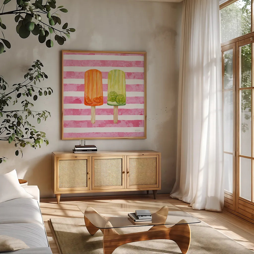 Fruity Popsicles X by Yvette St. Amant. Shown in a natural wood frame in a cozy modern living room. Available as an archival giclee rolled canvas, fine art paper, or poster print. SKU 93517a.