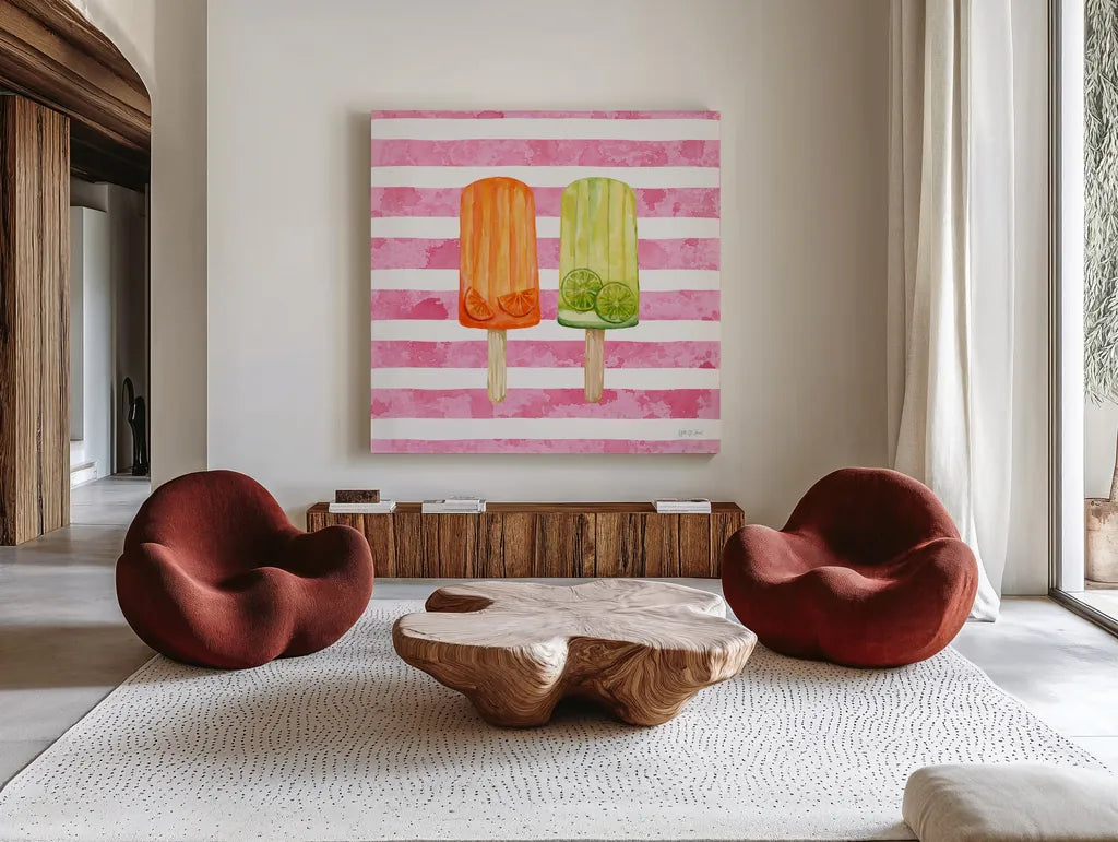 Fruity Popsicles X by Yvette St. Amant. Shown as extra-large giant wall art in a modern living room. Available as an archival giclee rolled canvas, fine art paper, or poster print. SKU 93517a.