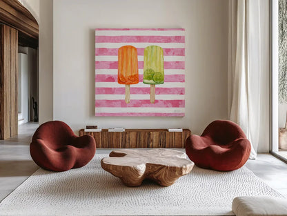Fruity Popsicles X by Yvette St. Amant. Shown as extra-large giant wall art in a modern living room. Available as an archival giclee rolled canvas, fine art paper, or poster print. SKU 93517a.