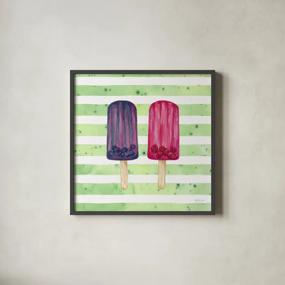 Fruity Popsicles XI by Yvette St. Amant. Shown in a sleek black glass frame for a contemporary gallery look. Available as an archival giclee rolled canvas, fine art paper, or poster print. SKU 93518a.