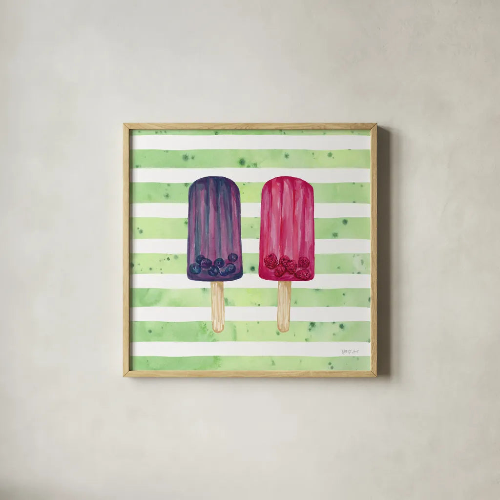 Fruity Popsicles XI by Yvette St. Amant. Shown in a natural wood glass frame for a timeless modern aesthetic. Available as an archival giclee rolled canvas, fine art paper, or poster print. SKU 93518a.