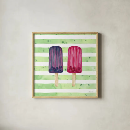 Fruity Popsicles XI by Yvette St. Amant. Shown in a natural wood glass frame for a timeless modern aesthetic. Available as an archival giclee rolled canvas, fine art paper, or poster print. SKU 93518a.