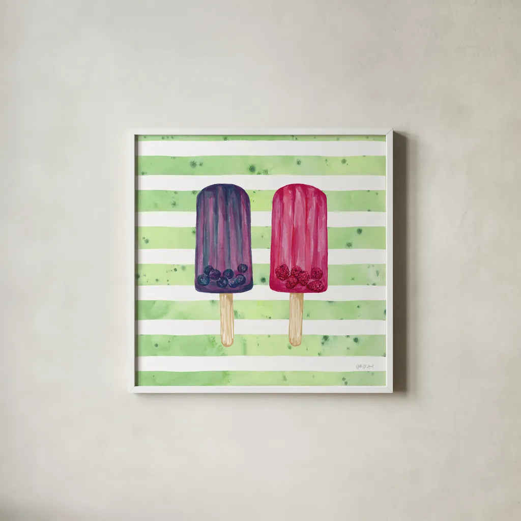Fruity Popsicles XI by Yvette St. Amant. Shown in a crisp white glass frame for a clean and minimalist style. Available as an archival giclee rolled canvas, fine art paper, or poster print. SKU 93518a.