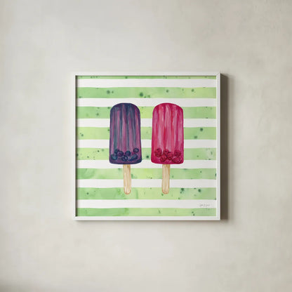 Fruity Popsicles XI by Yvette St. Amant. Shown in a crisp white glass frame for a clean and minimalist style. Available as an archival giclee rolled canvas, fine art paper, or poster print. SKU 93518a.