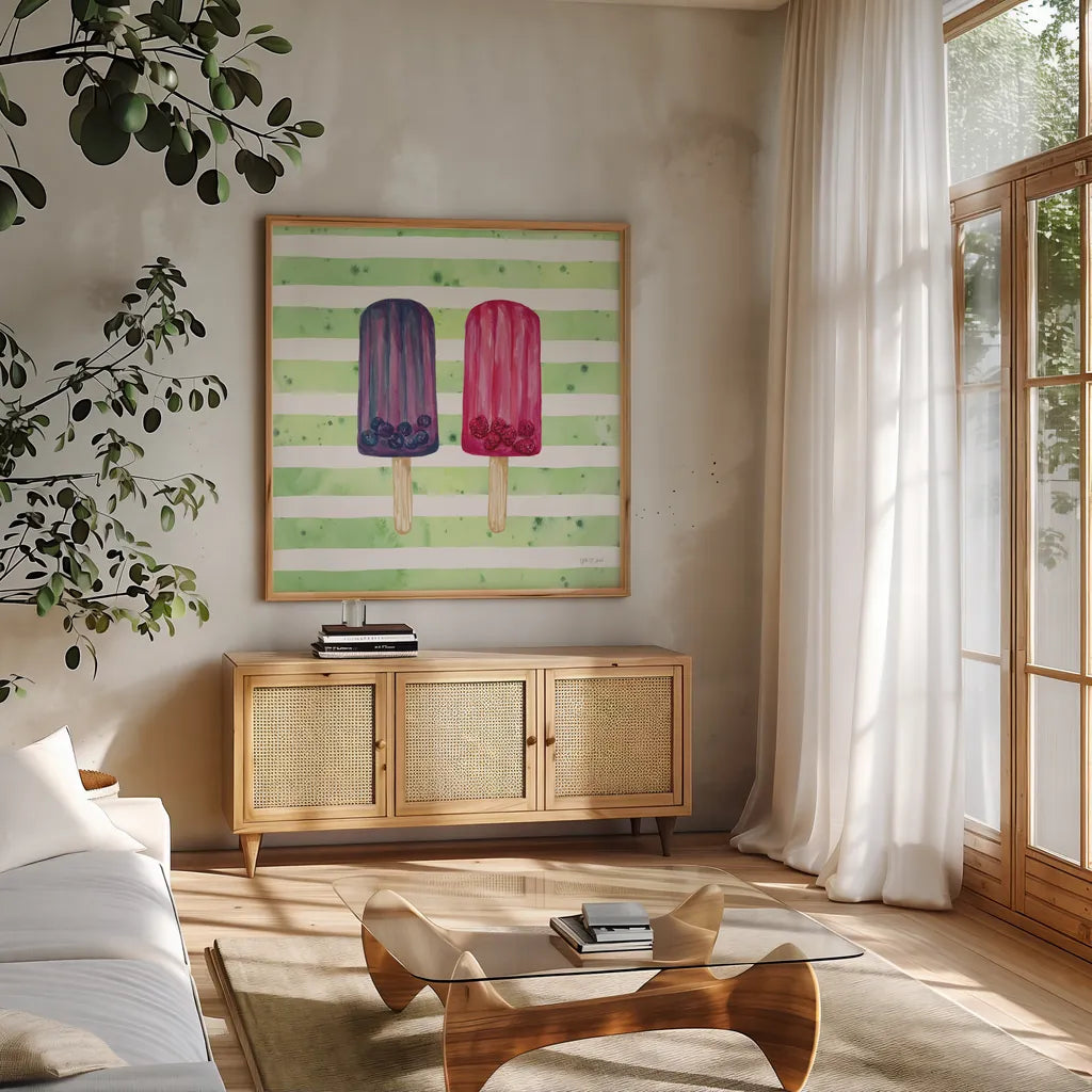 Fruity Popsicles XI by Yvette St. Amant. Shown in a natural wood frame in a cozy modern living room. Available as an archival giclee rolled canvas, fine art paper, or poster print. SKU 93518a.
