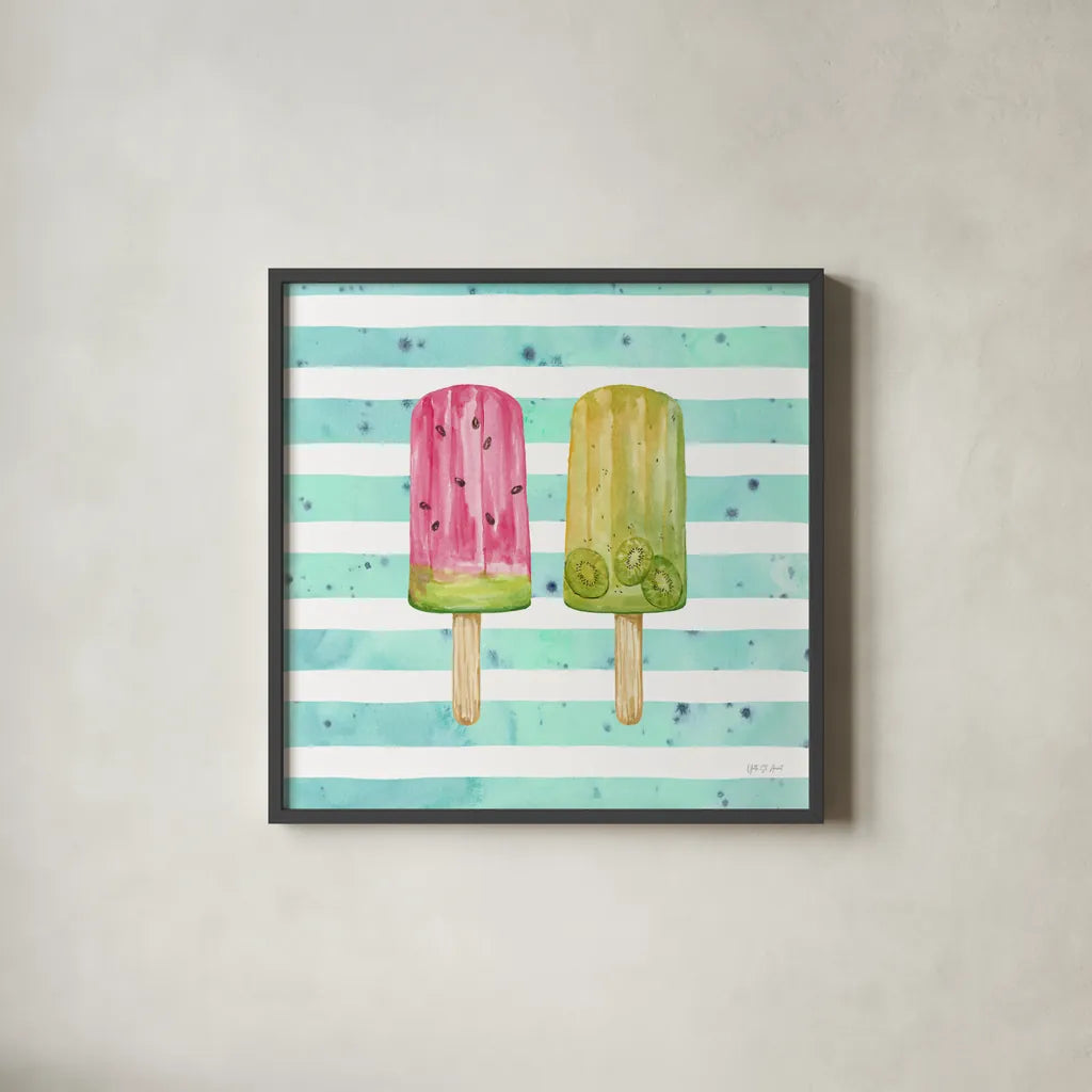 Fruity Popsicles XII by Yvette St. Amant. Shown in a sleek black glass frame for a contemporary gallery look. Available as an archival giclee rolled canvas, fine art paper, or poster print. SKU 93519a.