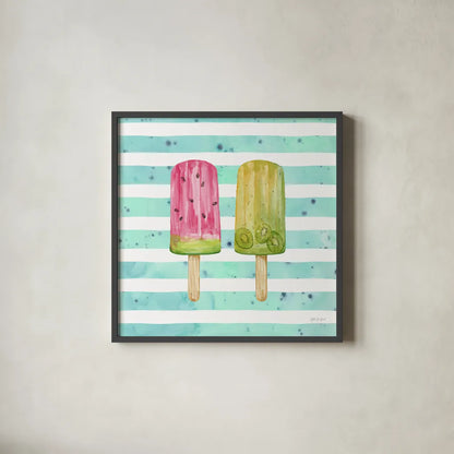 Fruity Popsicles XII by Yvette St. Amant. Shown in a sleek black glass frame for a contemporary gallery look. Available as an archival giclee rolled canvas, fine art paper, or poster print. SKU 93519a.