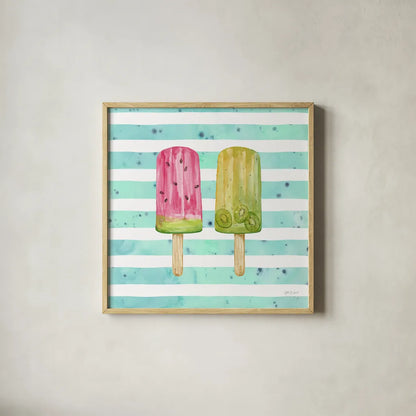 Fruity Popsicles XII by Yvette St. Amant. Shown in a natural wood glass frame for a timeless modern aesthetic. Available as an archival giclee rolled canvas, fine art paper, or poster print. SKU 93519a.