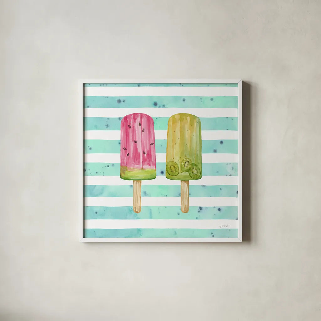 Fruity Popsicles XII by Yvette St. Amant. Shown in a crisp white glass frame for a clean and minimalist style. Available as an archival giclee rolled canvas, fine art paper, or poster print. SKU 93519a.