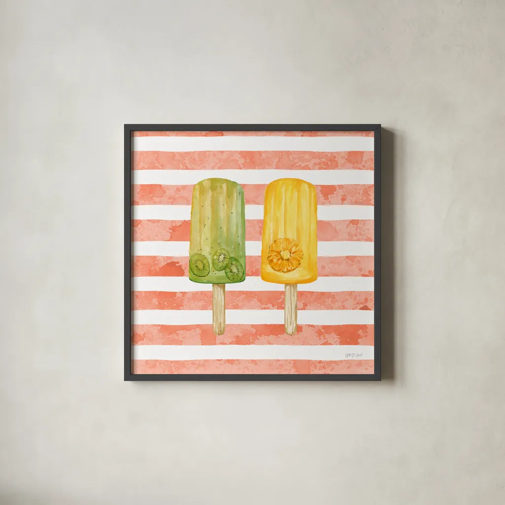 Fruity Popsicles XIII by Yvette St. Amant. Shown in a sleek black glass frame for a contemporary gallery look. Available as an archival giclee rolled canvas, fine art paper, or poster print. SKU 93520a.