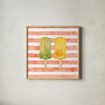 Fruity Popsicles XIII by Yvette St. Amant. Shown in a natural wood glass frame for a timeless modern aesthetic. Available as an archival giclee rolled canvas, fine art paper, or poster print. SKU 93520a.