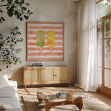 Fruity Popsicles XIII by Yvette St. Amant. Shown in a natural wood frame in a cozy modern living room. Available as an archival giclee rolled canvas, fine art paper, or poster print. SKU 93520a.