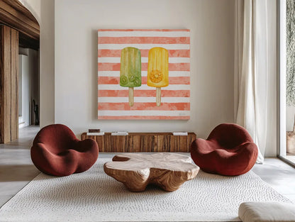 Fruity Popsicles XIII by Yvette St. Amant. Shown as extra-large giant wall art in a modern living room. Available as an archival giclee rolled canvas, fine art paper, or poster print. SKU 93520a.