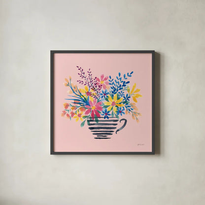 Fun Florals I by Yvette St. Amant. Shown in a sleek black glass frame for a contemporary gallery look. Available as an archival giclee rolled canvas, fine art paper, or poster print. SKU 94731a.