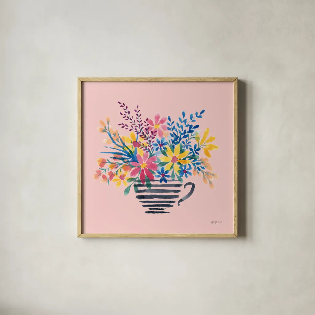 Fun Florals I by Yvette St. Amant. Shown in a natural wood glass frame for a timeless modern aesthetic. Available as an archival giclee rolled canvas, fine art paper, or poster print. SKU 94731a.
