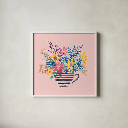 Fun Florals I by Yvette St. Amant. Shown in a crisp white glass frame for a clean and minimalist style. Available as an archival giclee rolled canvas, fine art paper, or poster print. SKU 94731a.