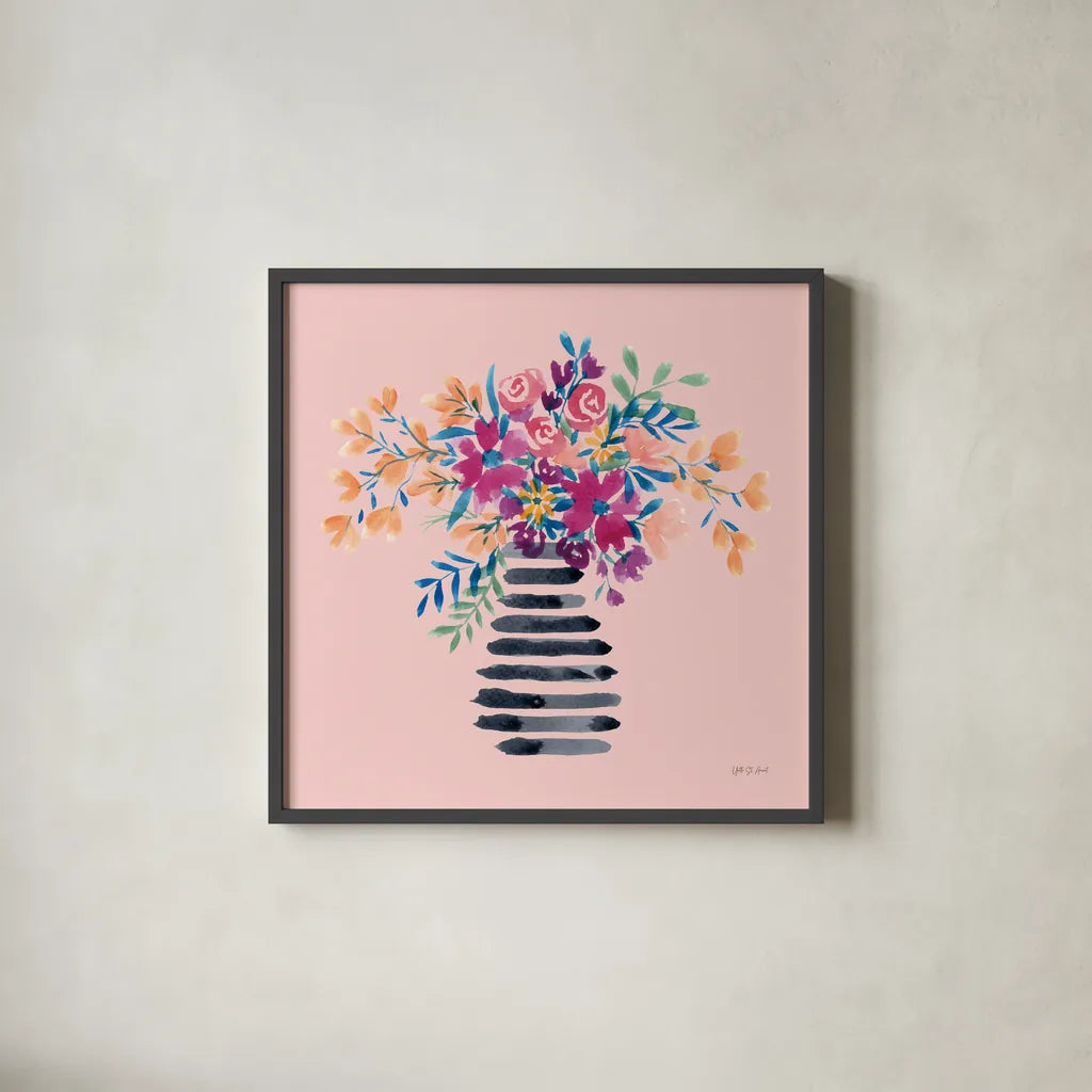 Fun Florals II by Yvette St. Amant. Shown in a sleek black glass frame for a contemporary gallery look. Available as an archival giclee rolled canvas, fine art paper, or poster print. SKU 94732a.