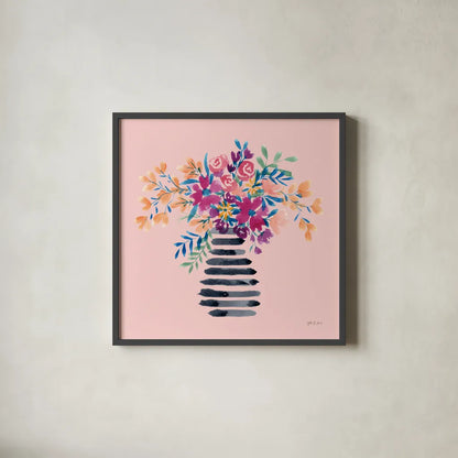 Fun Florals II by Yvette St. Amant. Shown in a sleek black glass frame for a contemporary gallery look. Available as an archival giclee rolled canvas, fine art paper, or poster print. SKU 94732a.