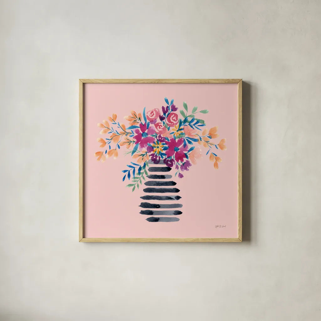 Fun Florals II by Yvette St. Amant. Shown in a natural wood glass frame for a timeless modern aesthetic. Available as an archival giclee rolled canvas, fine art paper, or poster print. SKU 94732a.