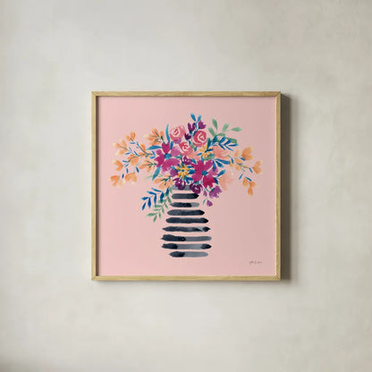 Fun Florals II by Yvette St. Amant. Shown in a natural wood glass frame for a timeless modern aesthetic. Available as an archival giclee rolled canvas, fine art paper, or poster print. SKU 94732a.