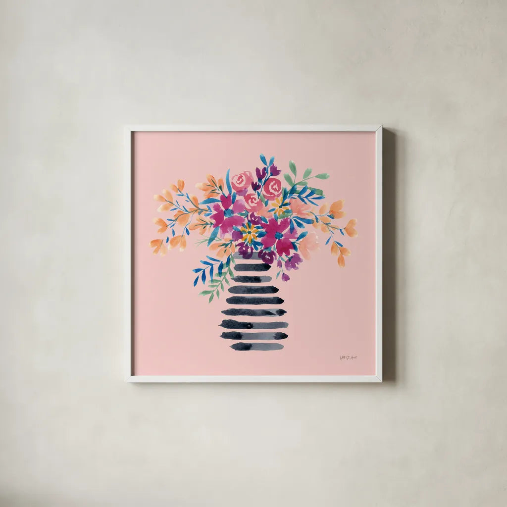 Fun Florals II by Yvette St. Amant. Shown in a crisp white glass frame for a clean and minimalist style. Available as an archival giclee rolled canvas, fine art paper, or poster print. SKU 94732a.