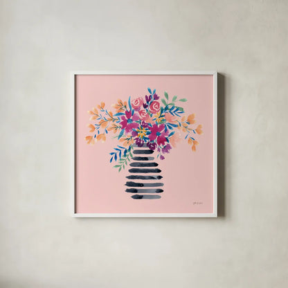 Fun Florals II by Yvette St. Amant. Shown in a crisp white glass frame for a clean and minimalist style. Available as an archival giclee rolled canvas, fine art paper, or poster print. SKU 94732a.