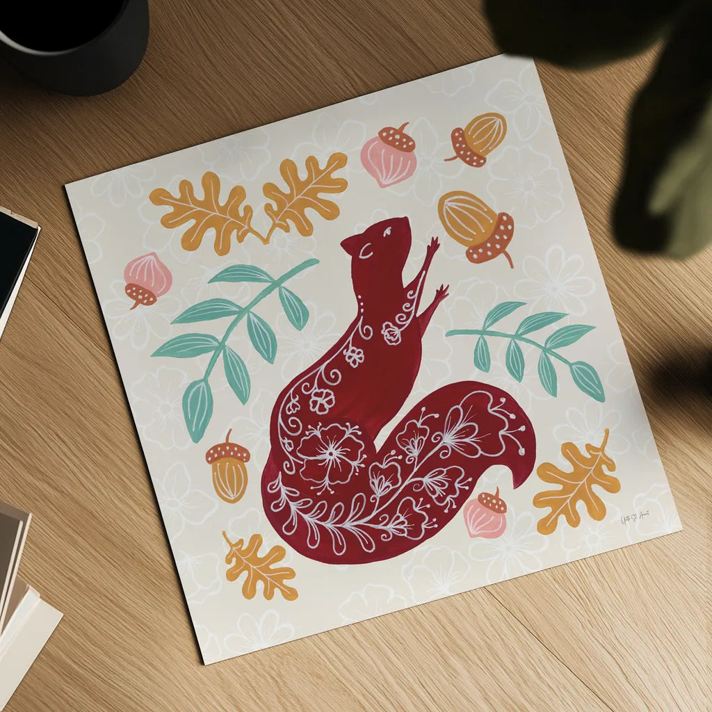 Gathering Acorns by Yvette St. Amant. Shown as a detailed flat fine art print, highlighting archival giclee quality. Available as an archival giclee rolled canvas, fine art paper, or poster print. SKU 91381a.