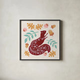 Gathering Acorns by Yvette St. Amant. Shown in a sleek black glass frame for a contemporary gallery look. Available as an archival giclee rolled canvas, fine art paper, or poster print. SKU 91381a.