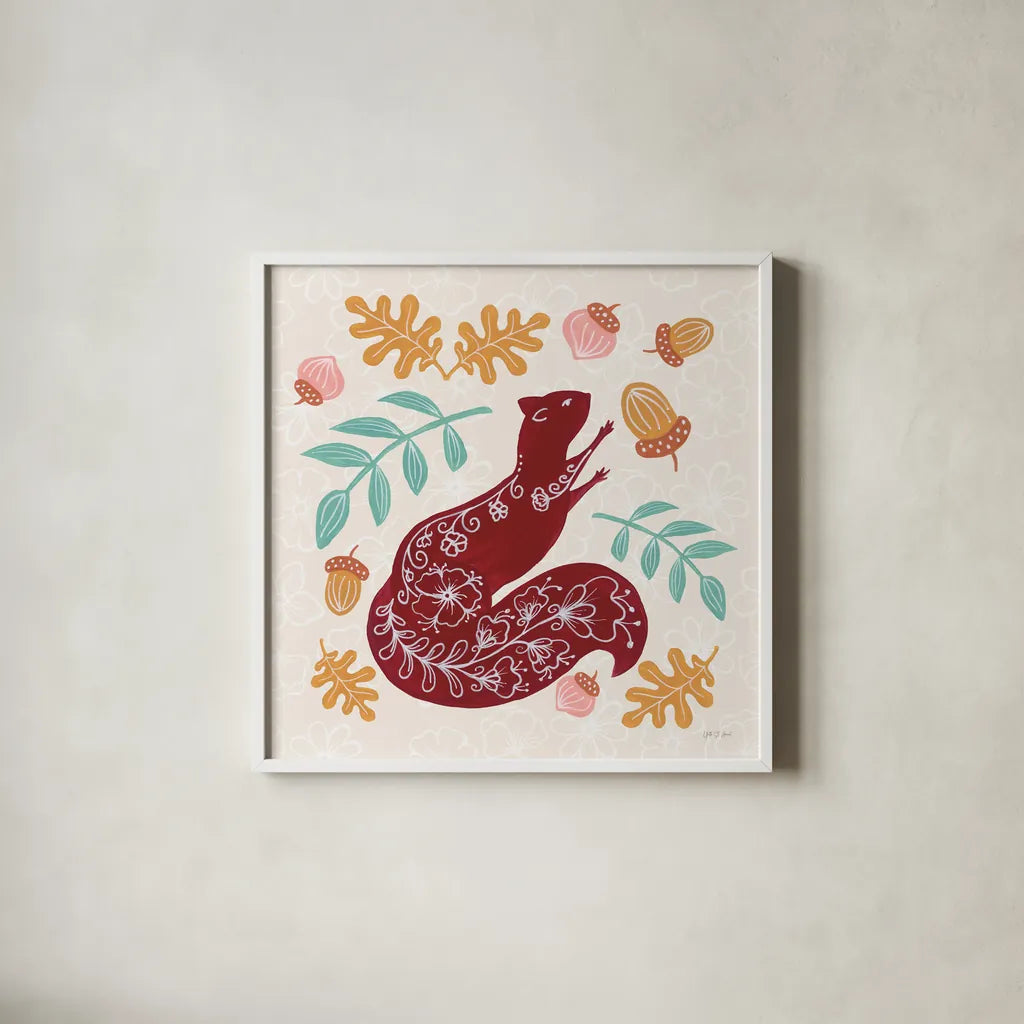 Gathering Acorns by Yvette St. Amant. Shown in a crisp white glass frame for a clean and minimalist style. Available as an archival giclee rolled canvas, fine art paper, or poster print. SKU 91381a.