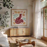 Gathering Acorns by Yvette St. Amant. Shown in a natural wood frame in a cozy modern living room. Available as an archival giclee rolled canvas, fine art paper, or poster print. SKU 91381a.