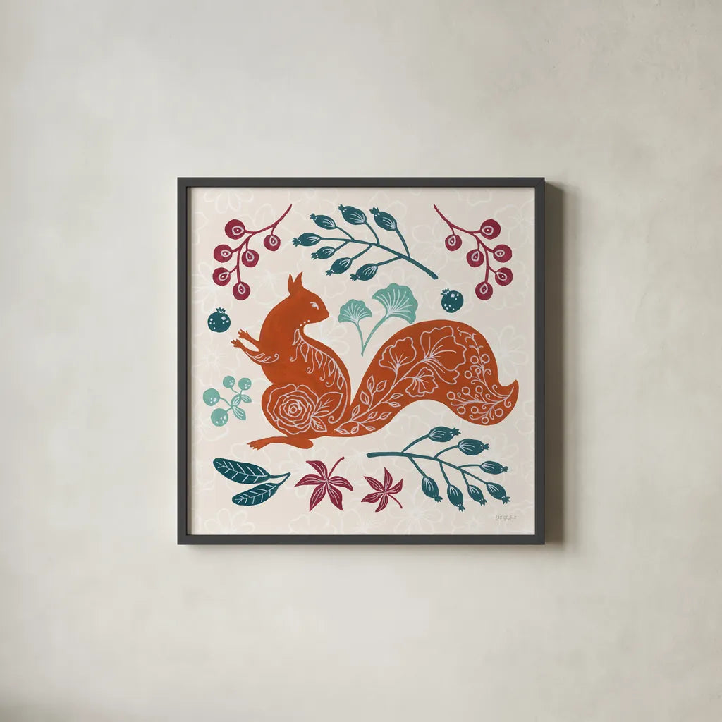 Gathering Berries by Yvette St. Amant. Shown in a sleek black glass frame for a contemporary gallery look. Available as an archival giclee rolled canvas, fine art paper, or poster print. SKU 91382a.