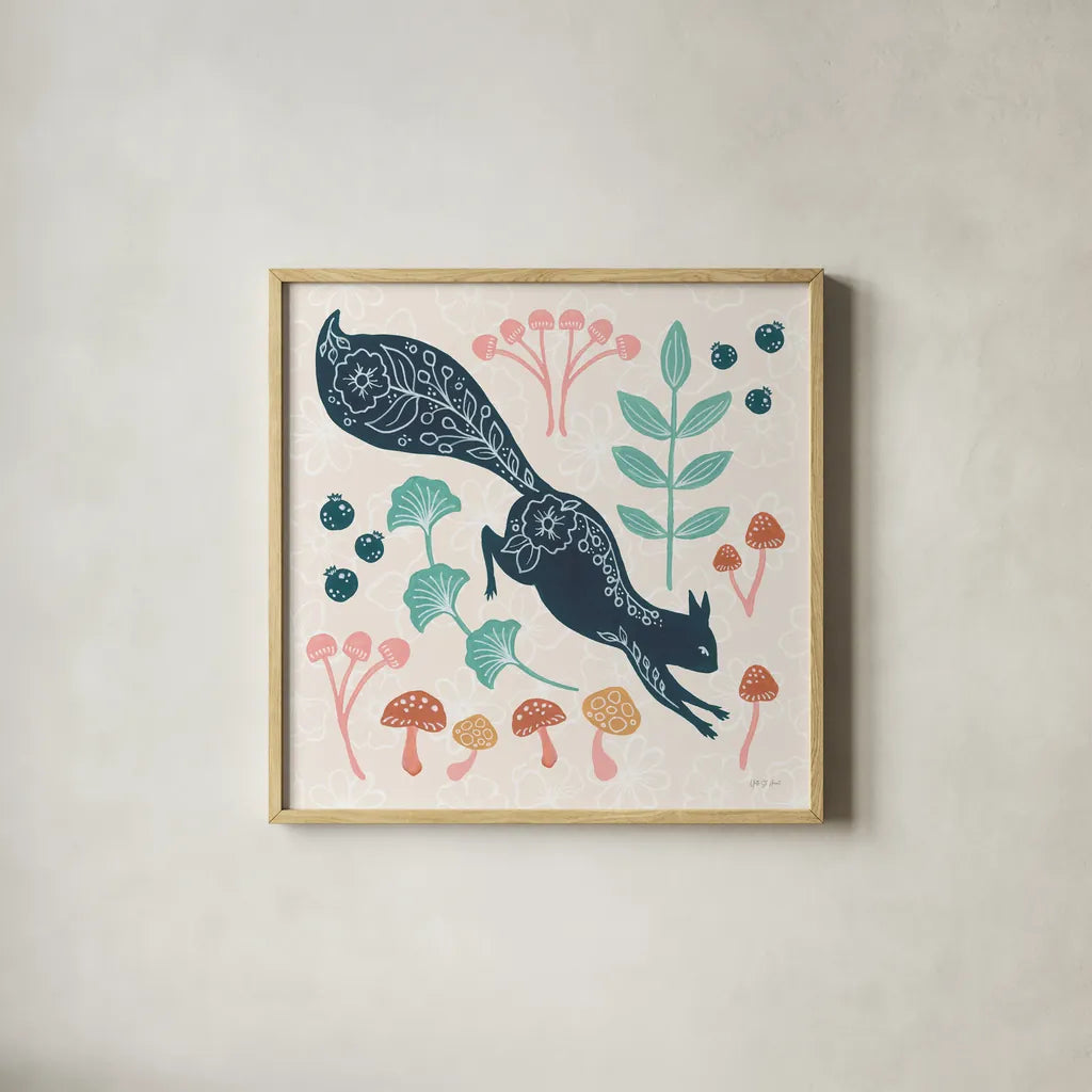 Gathering Mushrooms by Yvette St. Amant. Shown in a natural wood glass frame for a timeless modern aesthetic. Available as an archival giclee rolled canvas, fine art paper, or poster print. SKU 91383a.