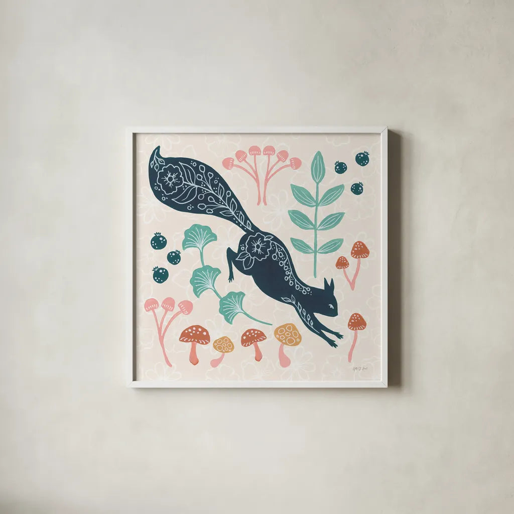 Gathering Mushrooms by Yvette St. Amant. Shown in a crisp white glass frame for a clean and minimalist style. Available as an archival giclee rolled canvas, fine art paper, or poster print. SKU 91383a.