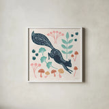 Gathering Mushrooms by Yvette St. Amant. Shown in a crisp white glass frame for a clean and minimalist style. Available as an archival giclee rolled canvas, fine art paper, or poster print. SKU 91383a.