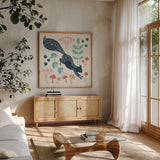 Gathering Mushrooms by Yvette St. Amant. Shown in a natural wood frame in a cozy modern living room. Available as an archival giclee rolled canvas, fine art paper, or poster print. SKU 91383a.