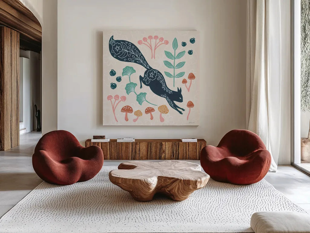 Gathering Mushrooms by Yvette St. Amant. Shown as extra-large giant wall art in a modern living room. Available as an archival giclee rolled canvas, fine art paper, or poster print. SKU 91383a.
