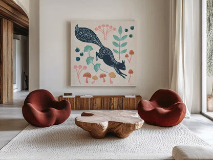 Gathering Mushrooms by Yvette St. Amant. Shown as extra-large giant wall art in a modern living room. Available as an archival giclee rolled canvas, fine art paper, or poster print. SKU 91383a.