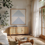 Geo Abstract I by Yvette St. Amant. Shown in a natural wood frame in a cozy modern living room. Available as an archival giclee rolled canvas, fine art paper, or poster print. SKU 103102a.