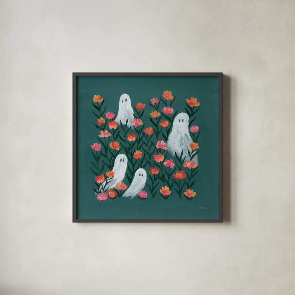 Ghosts in the Flower Patch by Yvette St. Amant. Shown in a sleek black glass frame for a contemporary gallery look. Available as an archival giclee rolled canvas, fine art paper, or poster print. SKU 101161a.