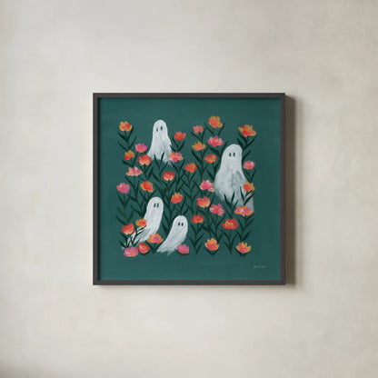 Ghosts in the Flower Patch by Yvette St. Amant. Shown in a sleek black glass frame for a contemporary gallery look. Available as an archival giclee rolled canvas, fine art paper, or poster print. SKU 101161a.