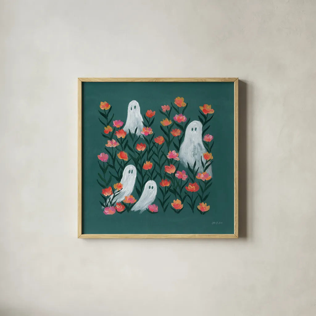 Ghosts in the Flower Patch by Yvette St. Amant. Shown in a natural wood glass frame for a timeless modern aesthetic. Available as an archival giclee rolled canvas, fine art paper, or poster print. SKU 101161a.