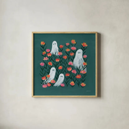 Ghosts in the Flower Patch by Yvette St. Amant. Shown in a natural wood glass frame for a timeless modern aesthetic. Available as an archival giclee rolled canvas, fine art paper, or poster print. SKU 101161a.
