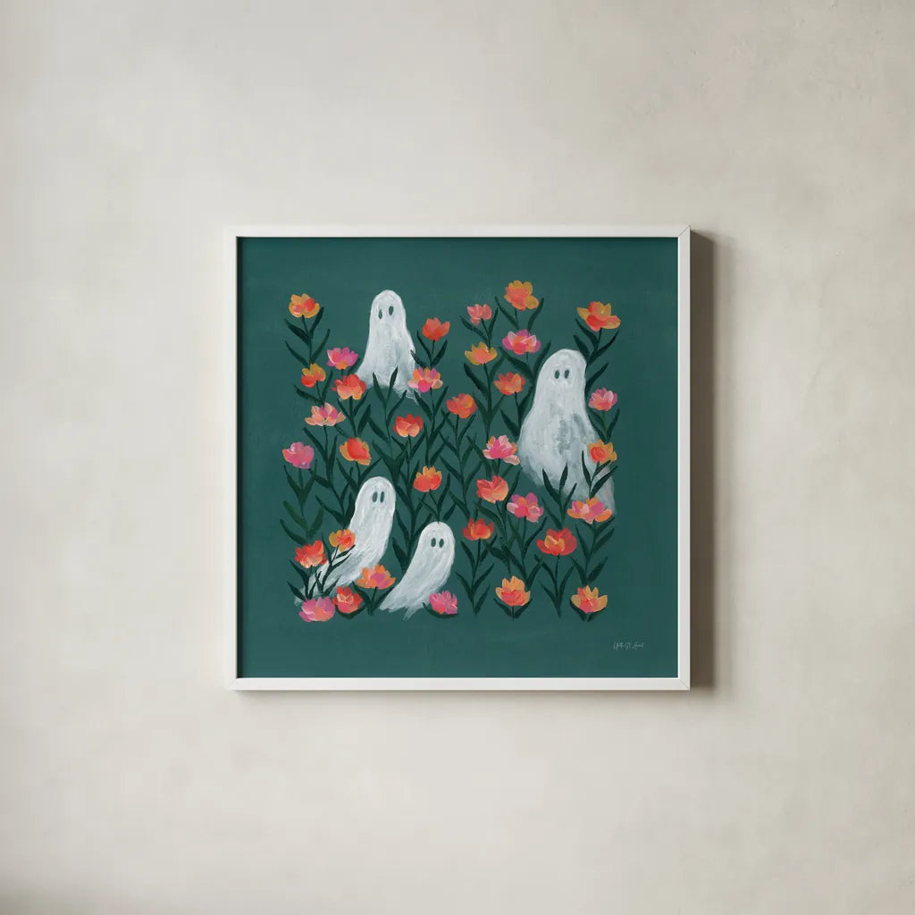 Ghosts in the Flower Patch by Yvette St. Amant. Shown in a crisp white glass frame for a clean and minimalist style. Available as an archival giclee rolled canvas, fine art paper, or poster print. SKU 101161a.