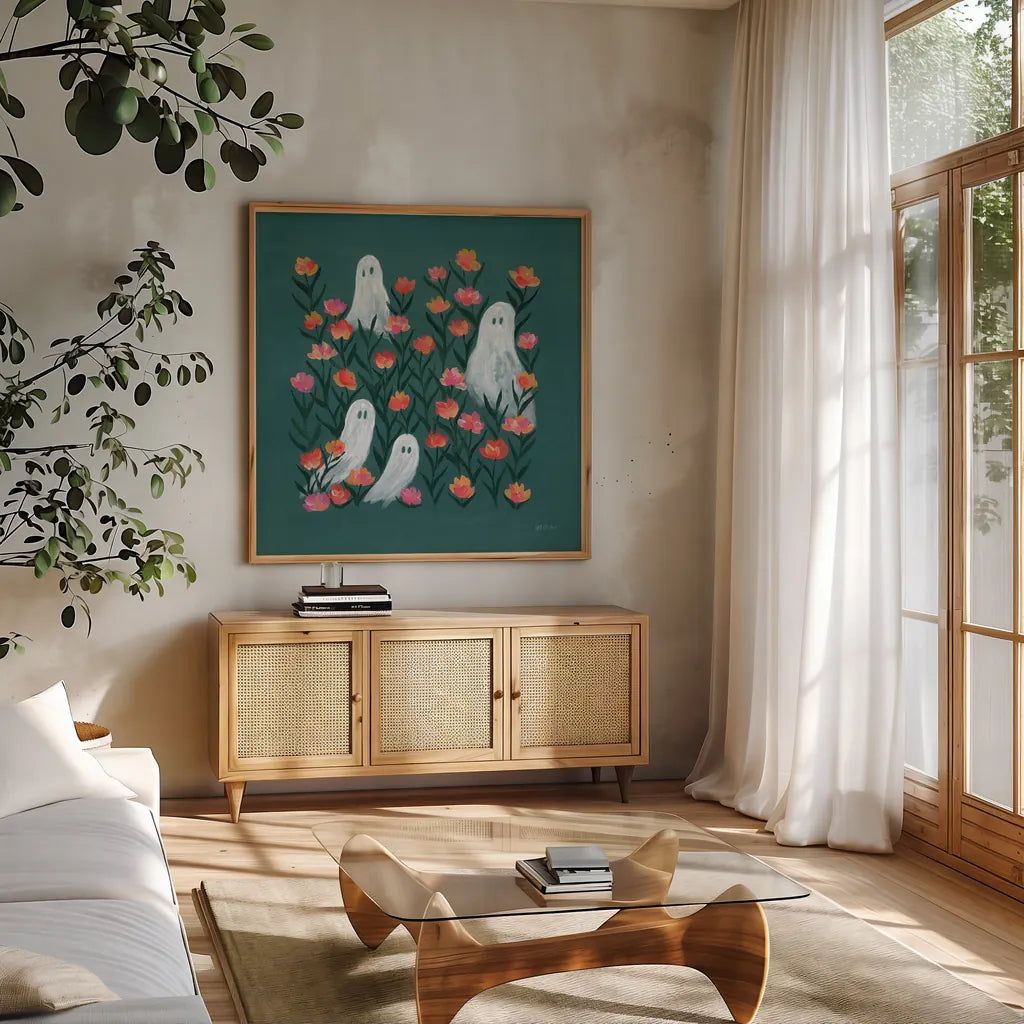 Ghosts in the Flower Patch by Yvette St. Amant. Shown in a natural wood frame in a cozy modern living room. Available as an archival giclee rolled canvas, fine art paper, or poster print. SKU 101161a.