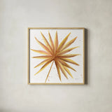 Golden Palm I by Yvette St. Amant. Shown in a natural wood glass frame for a timeless modern aesthetic. Available as an archival giclee rolled canvas, fine art paper, or poster print. SKU 89175a.
